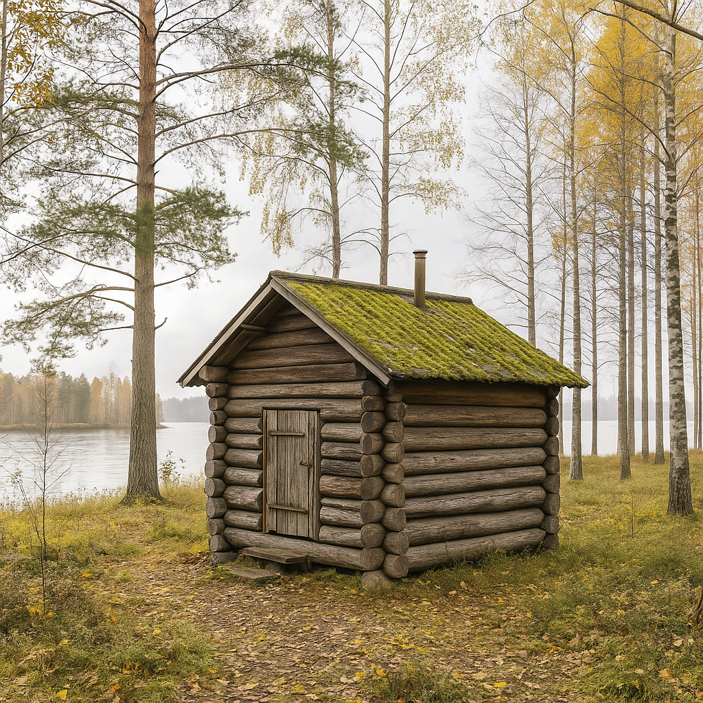 Bild av en stockbastu i en skogsglänta invid en sjö. Gulnade löv finns såväl i träden som på marken.